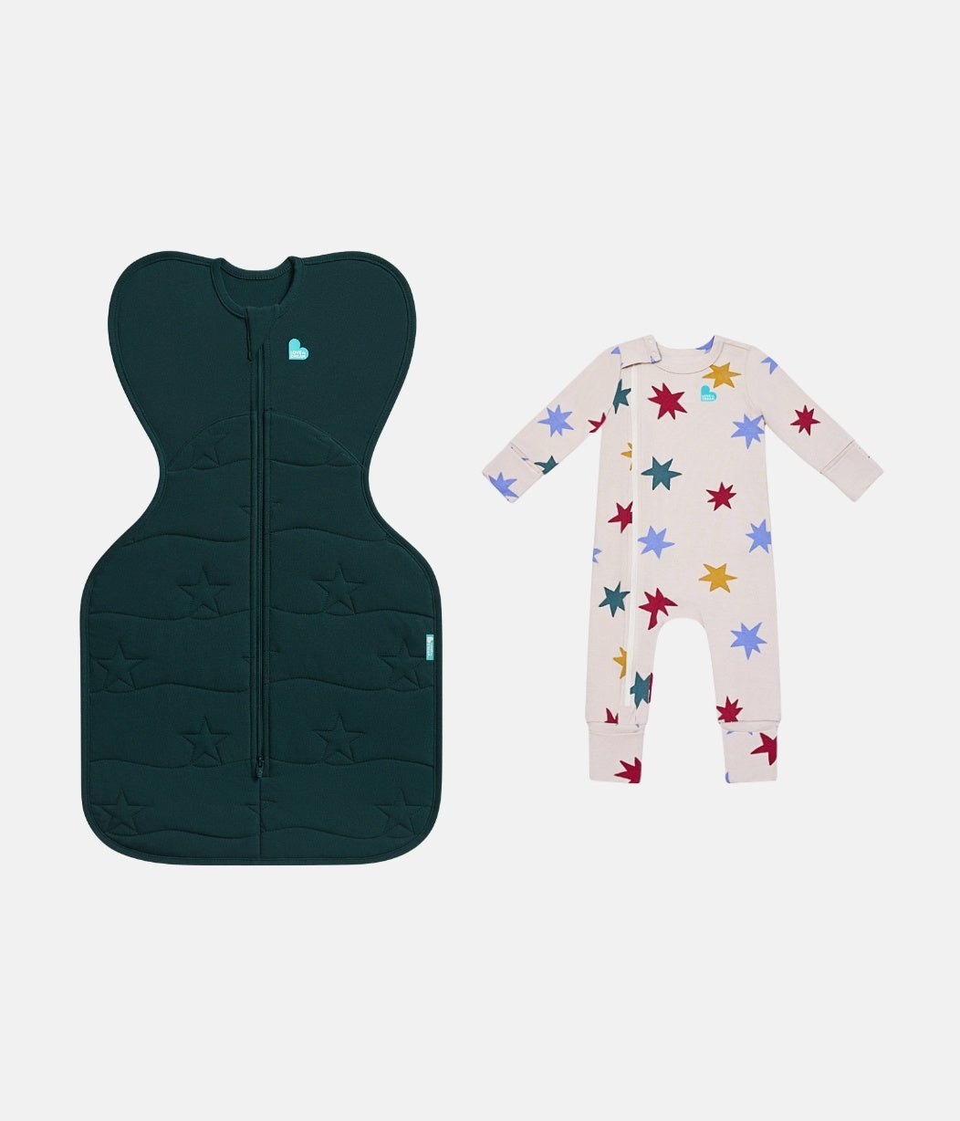 Swaddle Up & Romper Bundle | 3.5 TOG | Forest Star | Tan Party Pop
