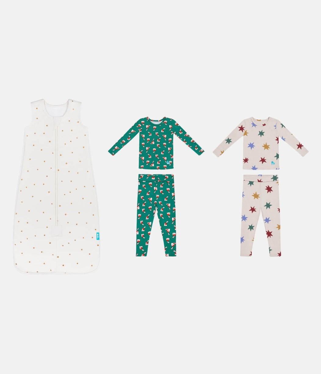 Sleep Bag & Pajama Bundle | 1.5 TOG | Buff Twinkle | Green Home Sweet Home | Tan Party Pop