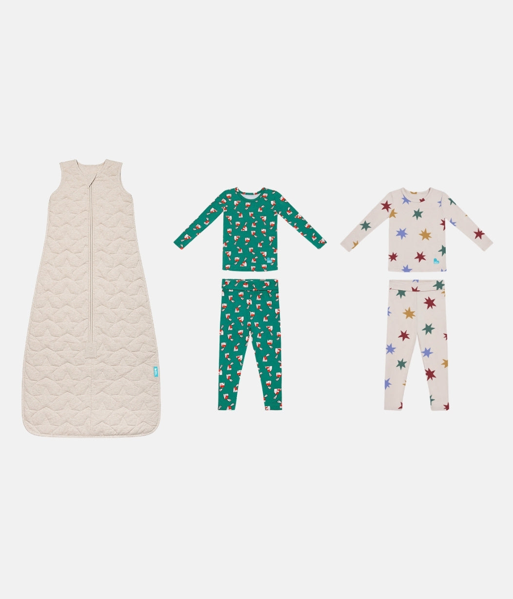 Sleep Bag & Pajama Bundle | 2.5 TOG | Oatmeal Starturn | Green Home Sweet Home | Tan Party Pop