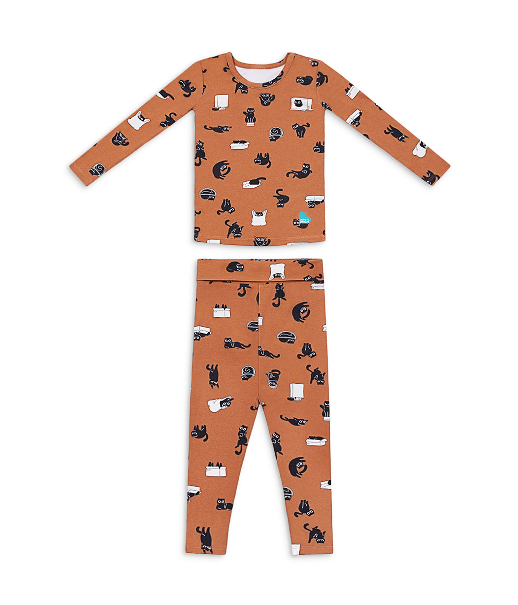 Kids Pajama Set Long Sleeve Snug Fit Viscose from Bamboo Hazel Black Cat Moods