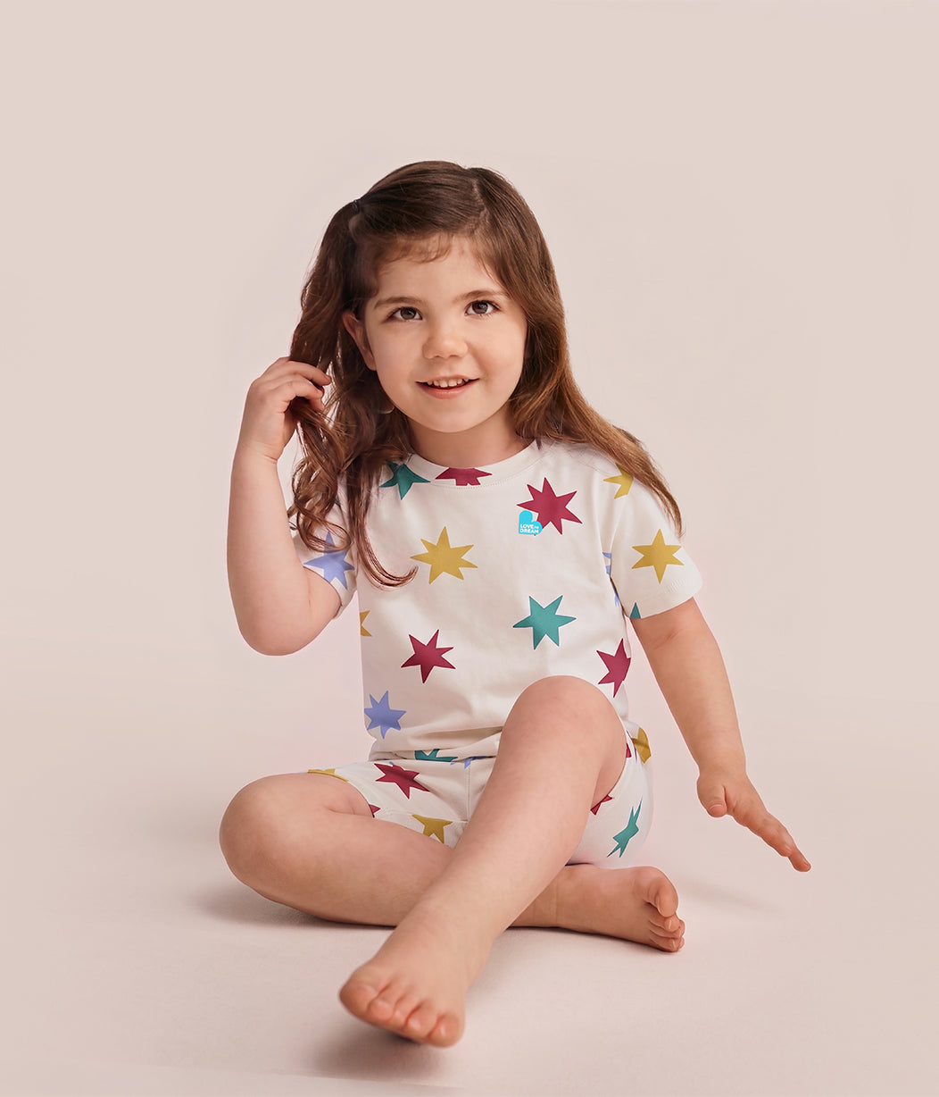 Kids Pajama Set Short Sleeve Snug Fit Viscose from Bamboo Tan Party Pop