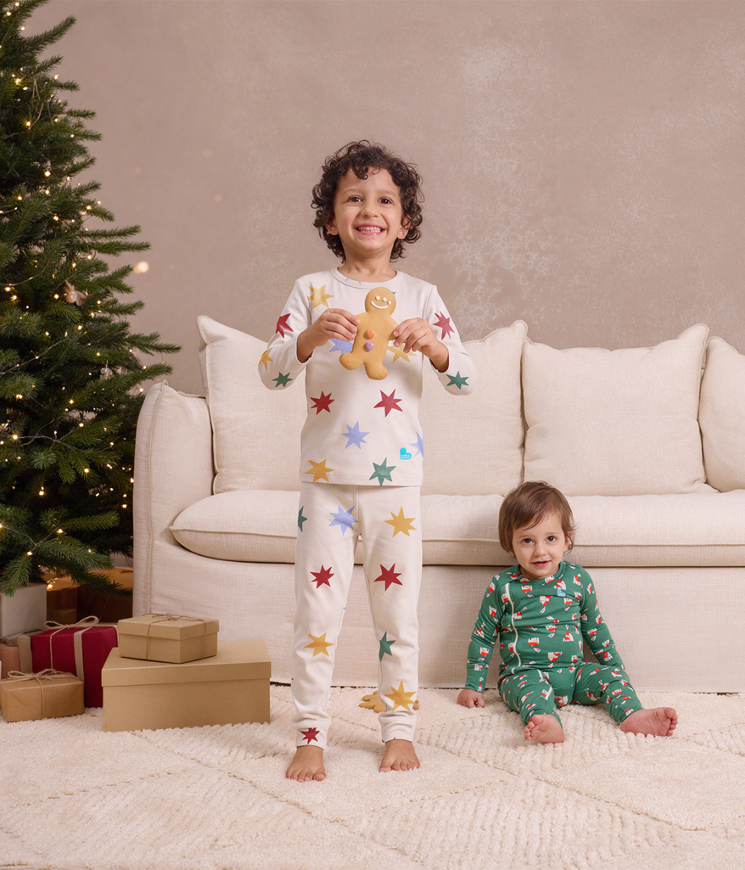 Kids Pajama Set Long Sleeve Snug Fit Viscose from Bamboo Tan Party Pop