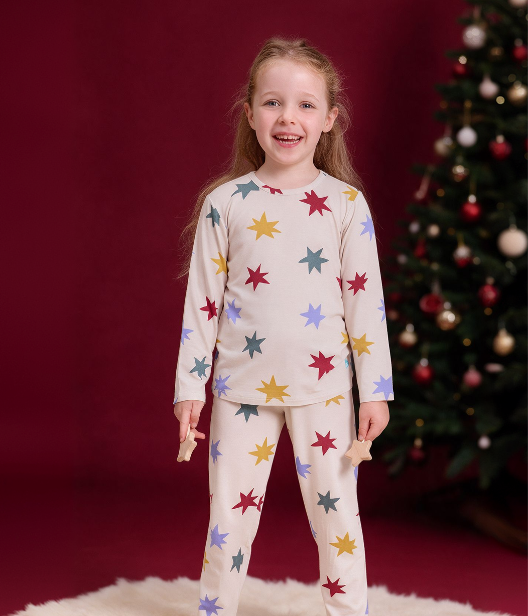 Kids Pajama Set Long Sleeve Snug Fit Viscose from Bamboo Tan Party Pop