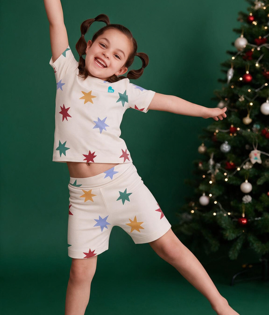 Kids Pajama Set Short Sleeve Snug Fit Viscose from Bamboo Tan Party Pop