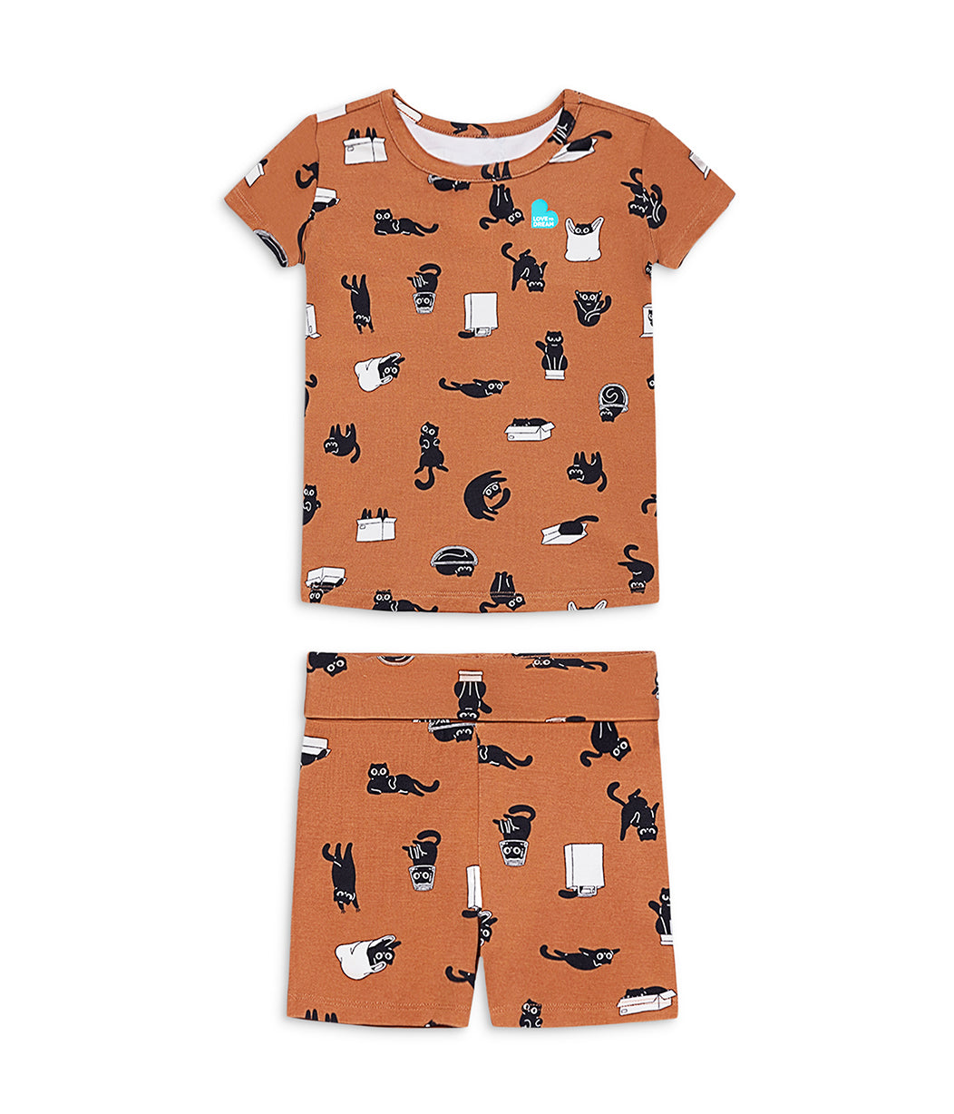 Kids Pajama Set Short Sleeve Snug Fit Viscose from Bamboo Hazel Black Cat Moods