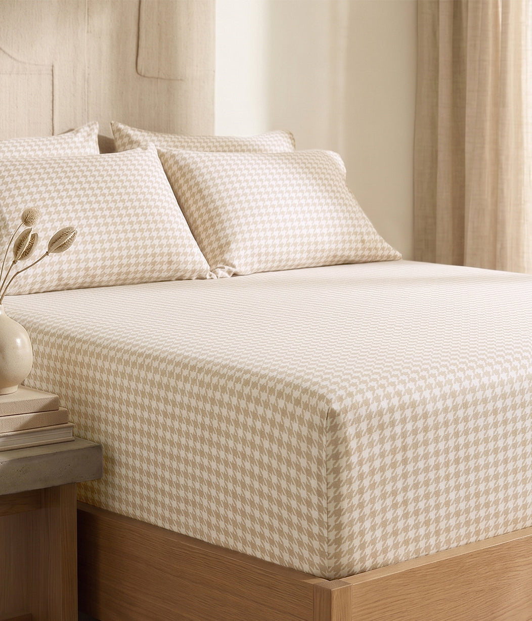 HushDry™ 2-in-1 Waterproof Fitted Queen Sheet Viscose from Bamboo Tan Houndstooth