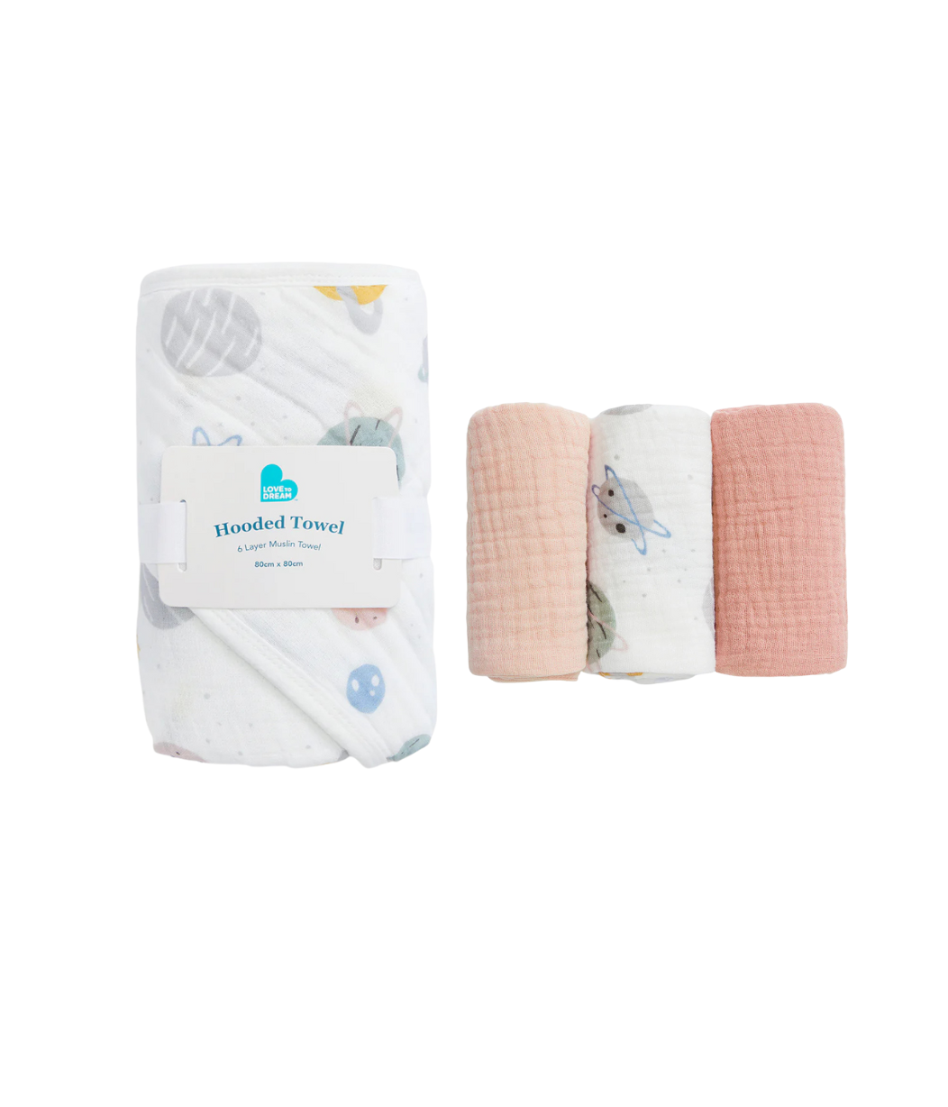 Baby Bath Bundle | Hooded Towel, Wash Cloth | Blush Rocket | White Rocket
