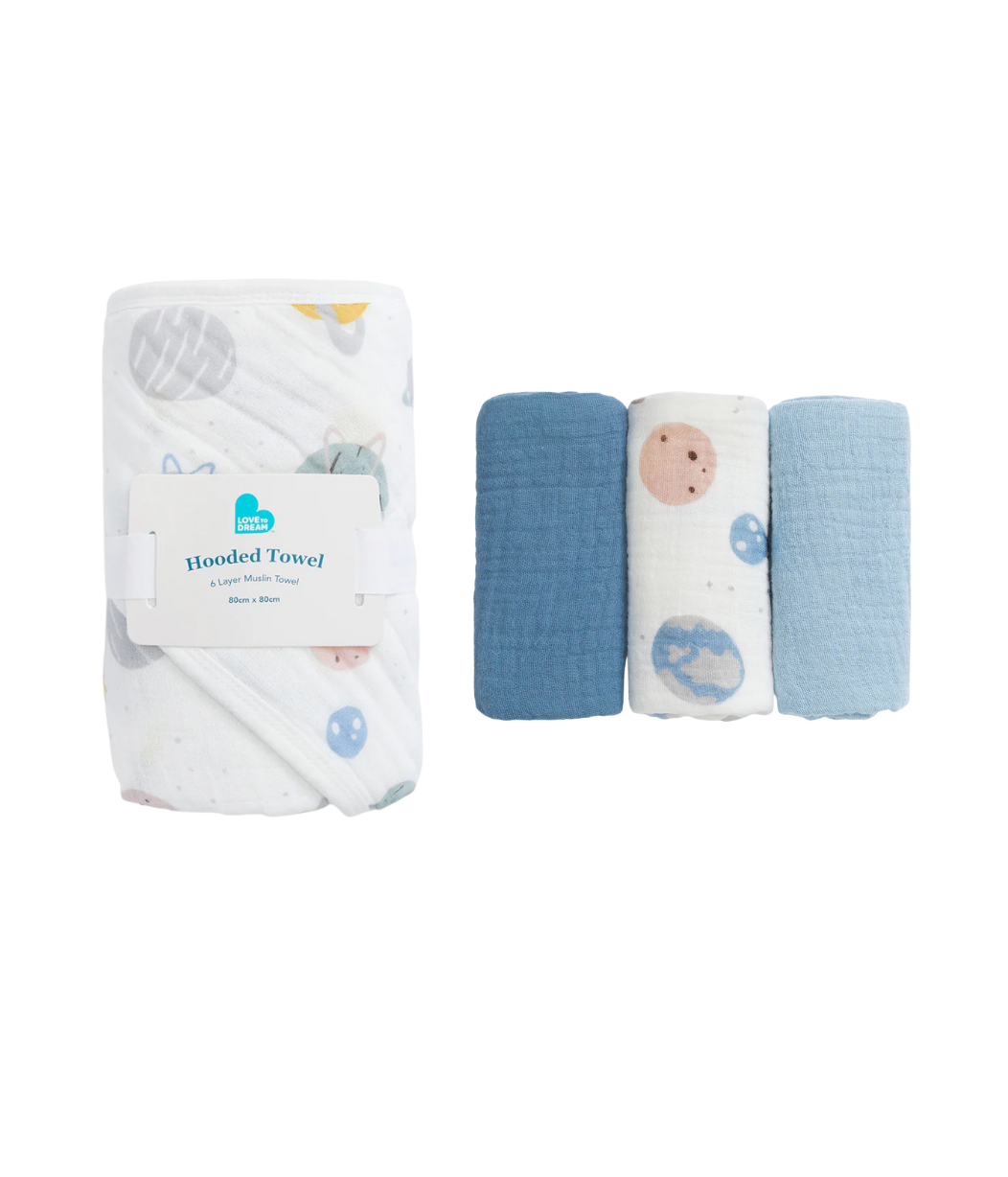 Baby Bath Bundle | Hooded Towel, Wash Cloth | Blue Rocket | White Rocket