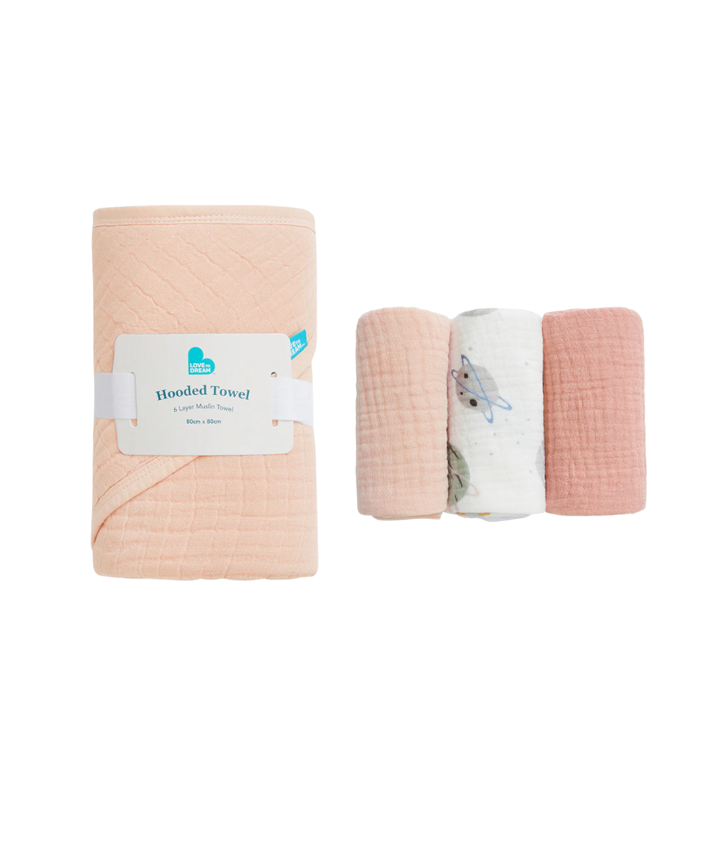 Baby Bath Bundle | Hooded Towel, Wash Cloth | Blush Rocket | Blush