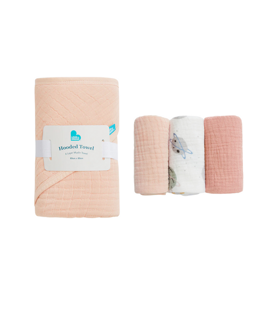 Baby Bath Bundle | Hooded Towel, Wash Cloth | Blush Rocket | Blush