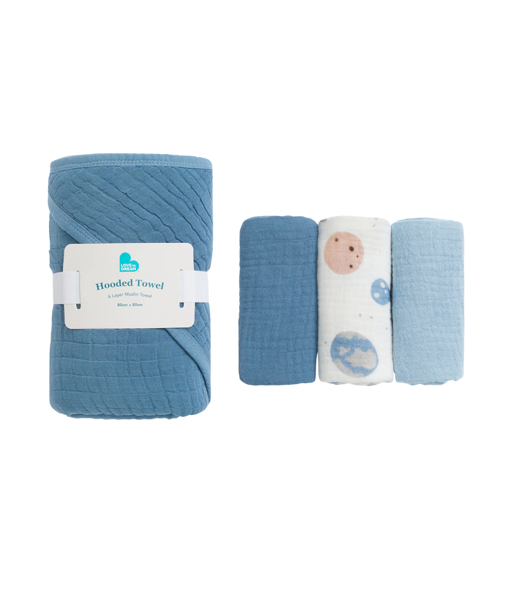Baby Bath Bundle | Hooded Towel, Wash Cloth | Blue Rocket | Storm Blue
