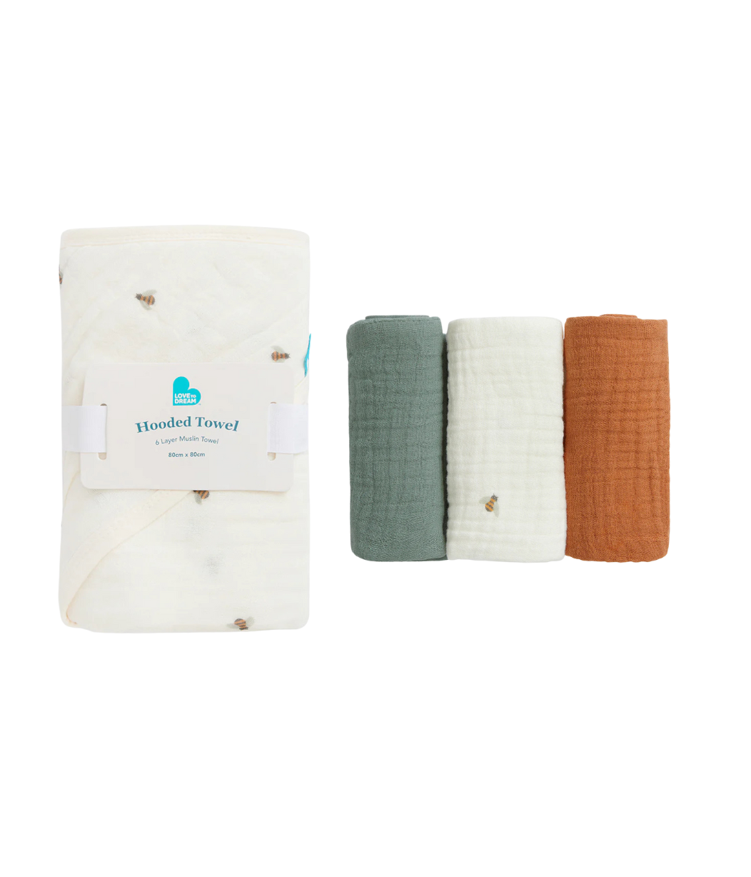 Baby Bath Bundle | Hooded Towel, Wash Cloth | Sage Bees | Cream Bees