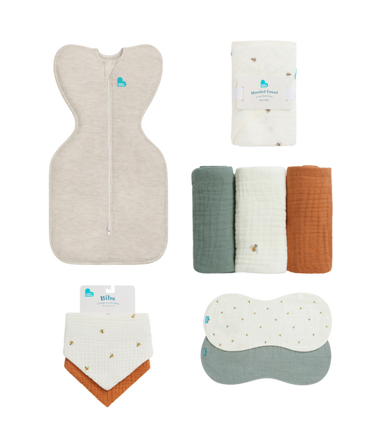 Newborn Essentials Bundle | Swaddle Up 1.0 TOG | Bib | Wash Cloth | Burp Cloth | Hooded Towel | Oat