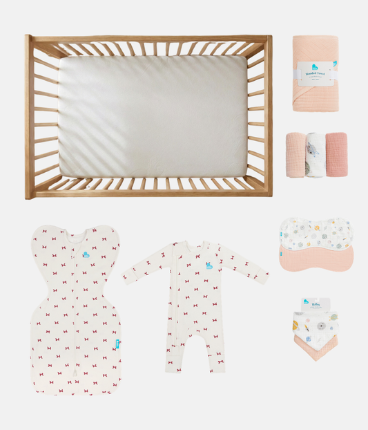 Ultimate Newborn Mattress Gift Bundle | Mattress | Swaddle | Romper | Towel | Wash Cloth | Burp Cloth | Bib | Bows