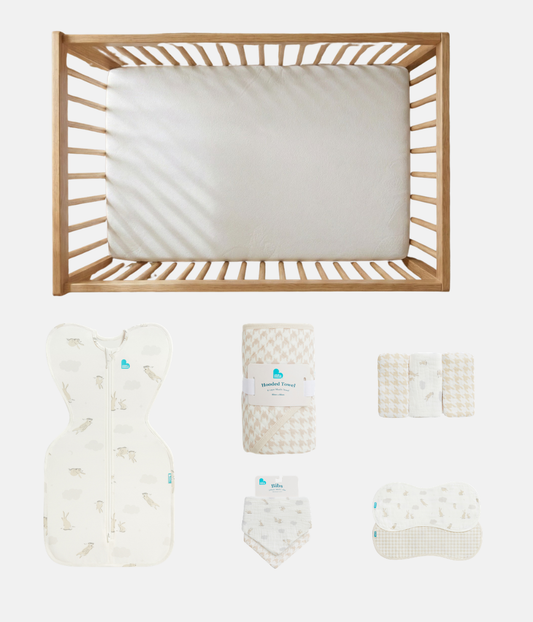 Ultimate Newborn Mattress Gift Bundle | Mattress | Swaddle | Towel | Wash Cloth | Burp Cloth | Bib | Bunnies