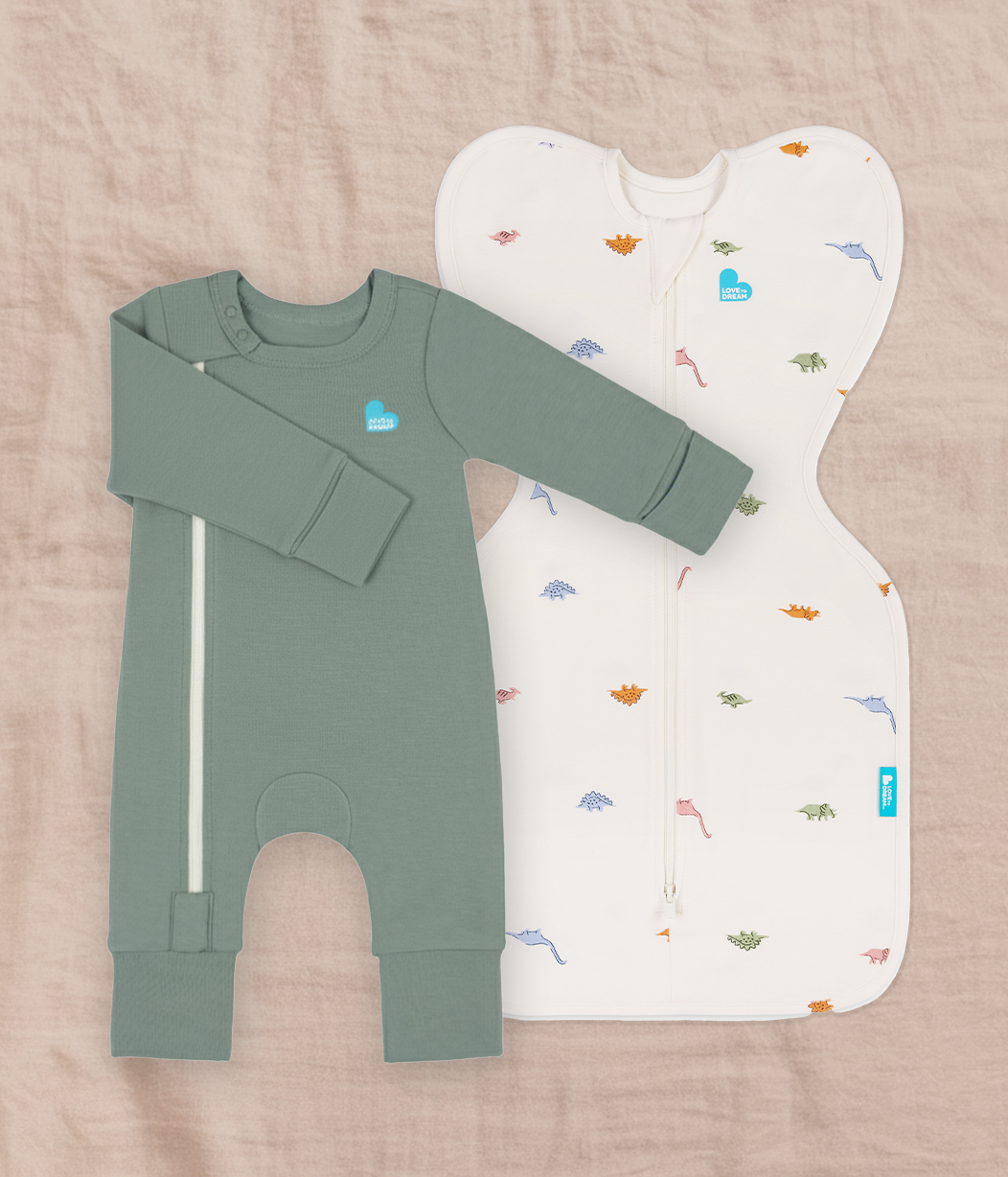 Swaddle Up & Romper Bundle | 1.0 TOG | Bamboo | Cream Dino Snore | Deep Olive