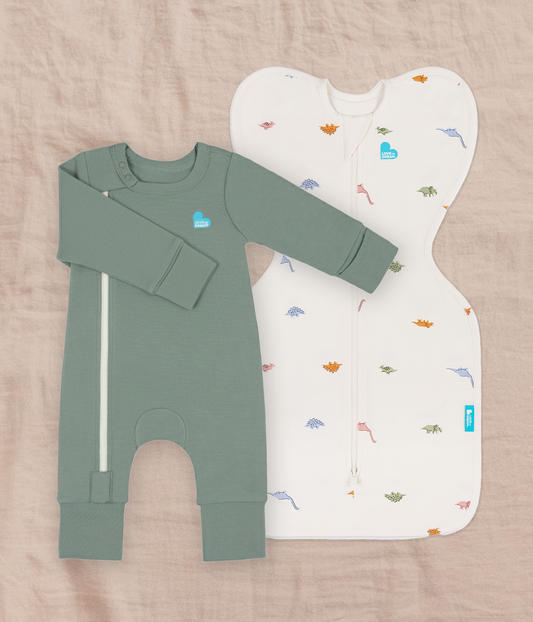 Swaddle Up & Romper Bundle | 1.0 TOG | Bamboo | Cream Dino Snore | Deep Olive