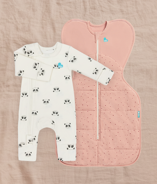 Swaddle Up & Romper Bundle | 2.5 TOG | Rose Pebble | Cream Sleepy Pandas