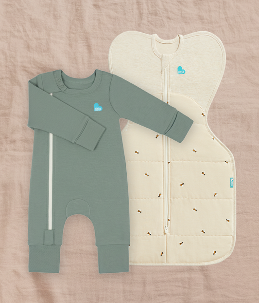 Swaddle Up & Romper Bundle | 2.5 TOG | Oatmeal Bees | Deep Olive
