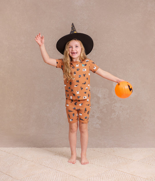 Kids Pajama Set Short Sleeve Snug Fit Viscose from Bamboo Hazel Black Cat Moods