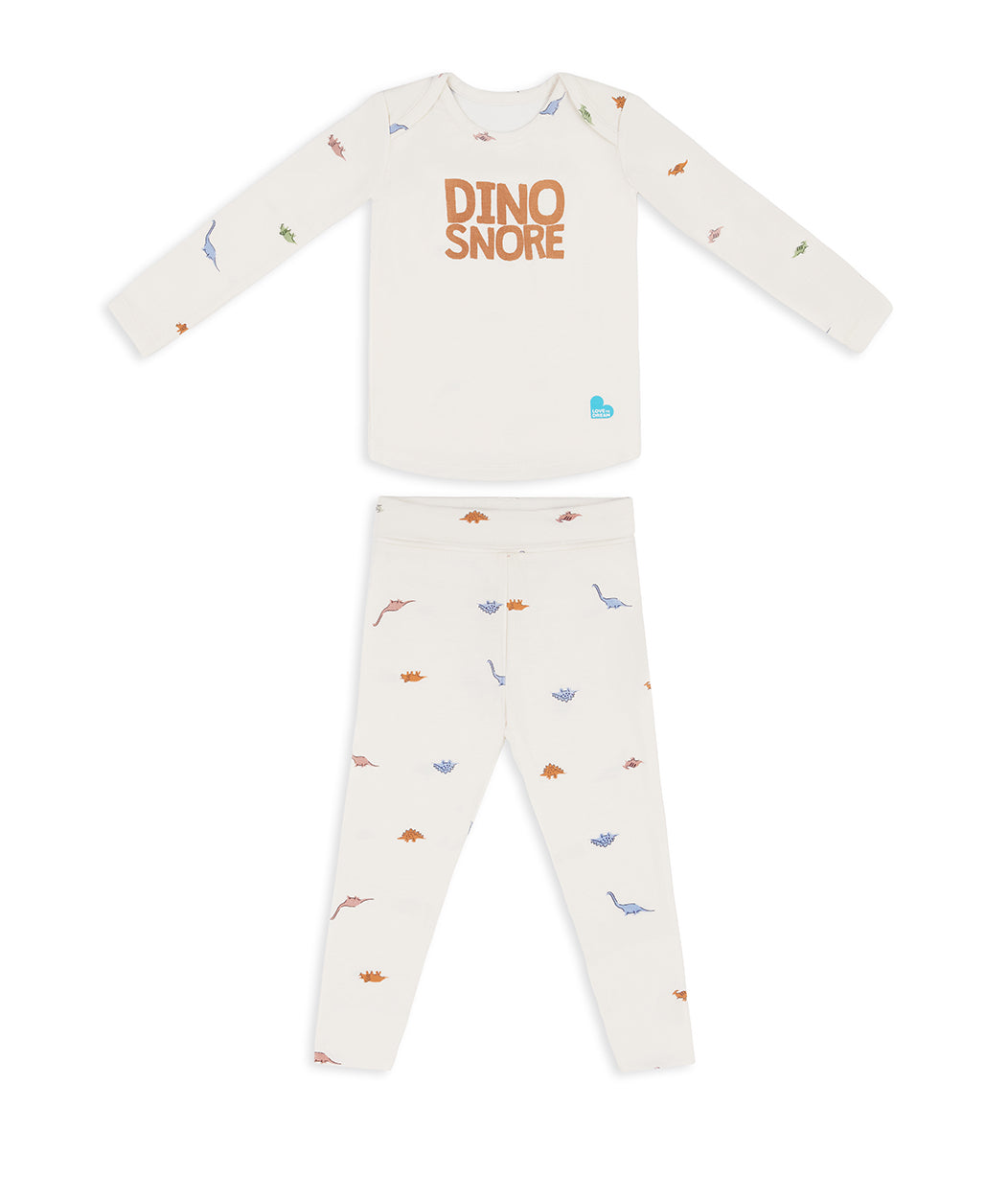 Kids Pajama Set Long Sleeve Snug Fit Viscose from Bamboo Cream Dino Snore