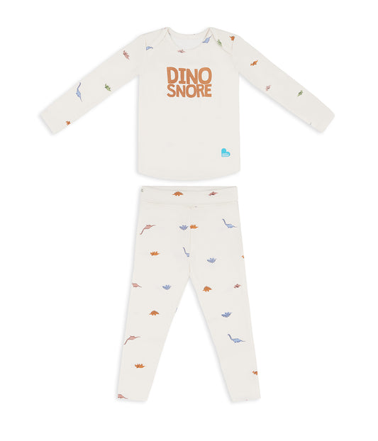 Kids Pajama Set Long Sleeve Snug Fit Viscose from Bamboo Cream Dino Snore