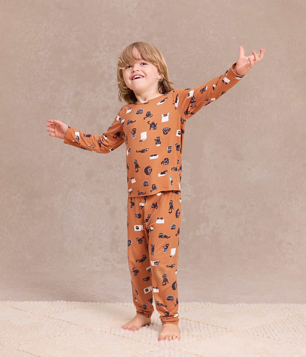 Kids Pajama Set Long Sleeve Snug Fit Viscose from Bamboo Hazel Black Cat Moods