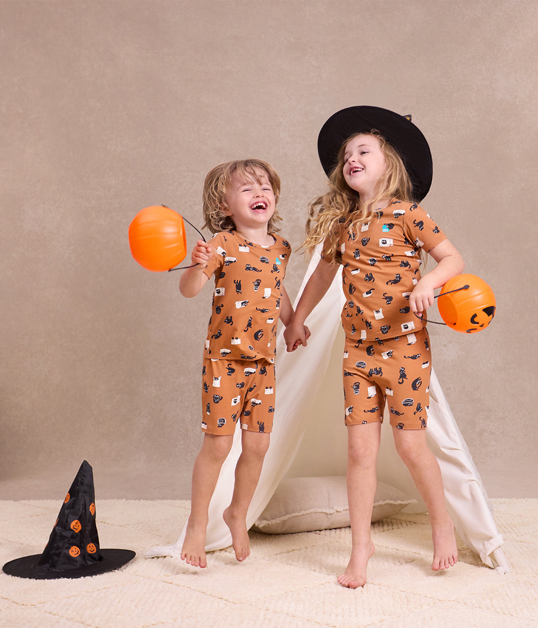 Kids Pajama Set Short Sleeve Snug Fit Viscose from Bamboo Hazel Black Cat Moods