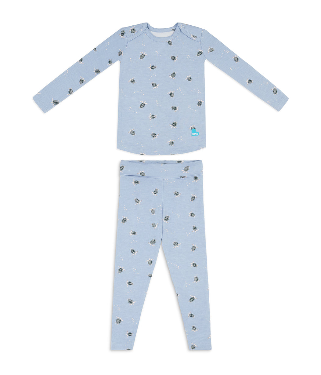 Kids Pajama Set Long Sleeve Snug Fit Viscose from Bamboo Mist Blue Turtally