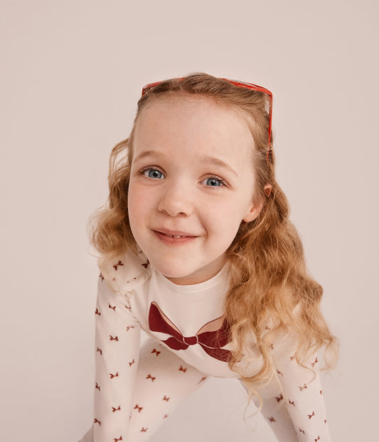 Kids Pajama Set Long Sleeve Snug Fit Viscose from Bamboo Cream Bows