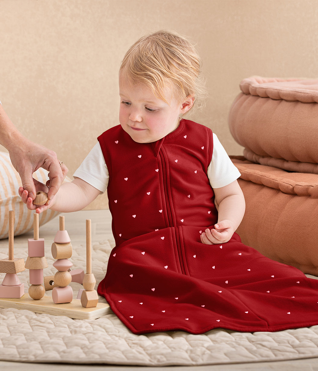 Sleep Bag Sleeveless 1.5 TOG Cotton Maroon Hearts Embroidery