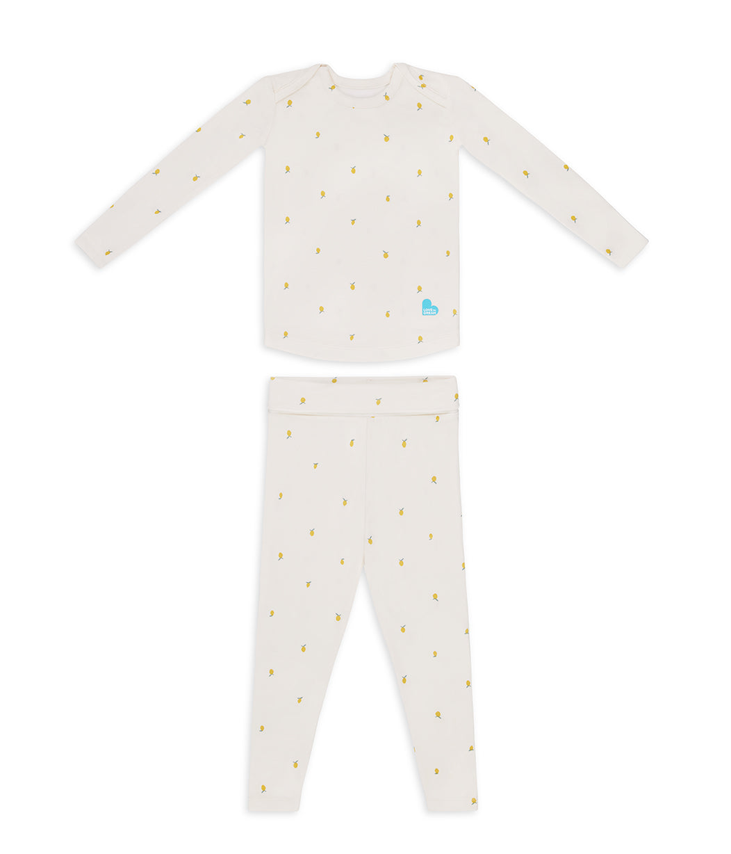 Kids Pajama Set Long Sleeve Snug Fit Viscose from Bamboo Cream Lemons