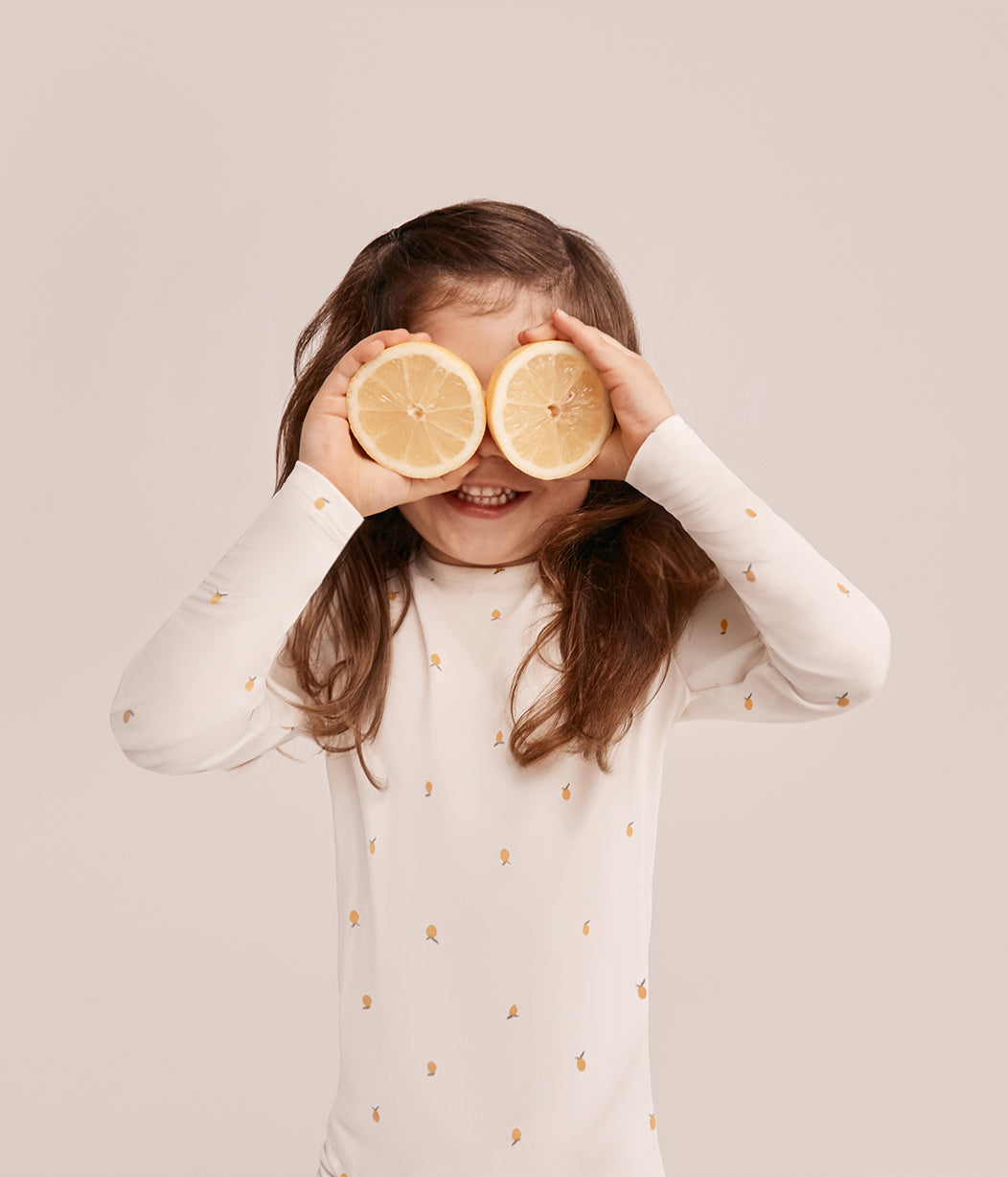 Kids Pajama Set Long Sleeve Snug Fit Viscose from Bamboo Cream Lemons