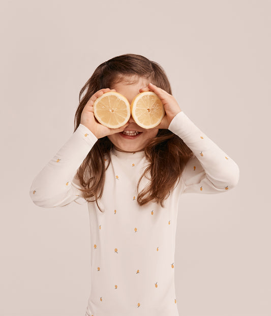 Kids Pajama Set Long Sleeve Snug Fit Viscose from Bamboo Cream Lemons