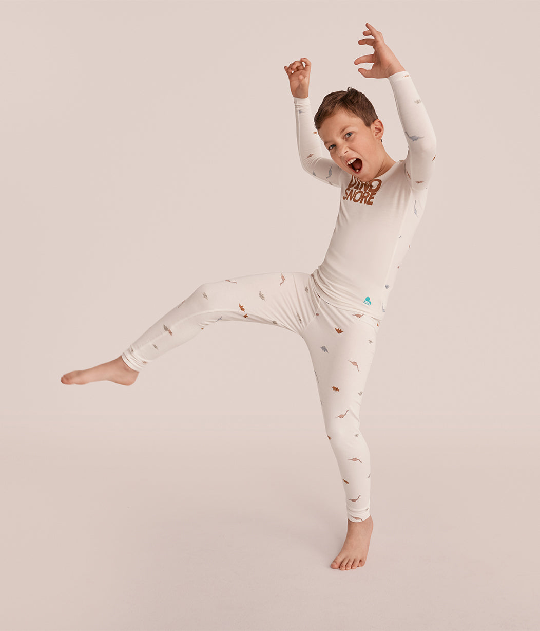 Kids Pajama Set Long Sleeve Snug Fit Viscose from Bamboo Cream Dino Snore