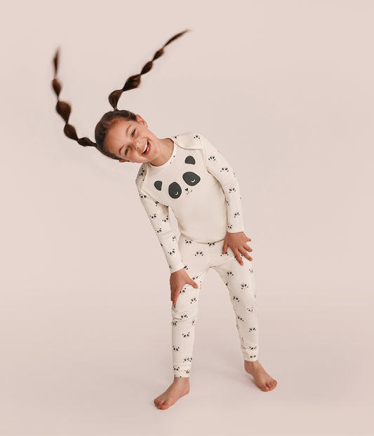 Kids Pajama Set Long Sleeve Snug Fit Viscose from Bamboo Cream Sleepy Pandas