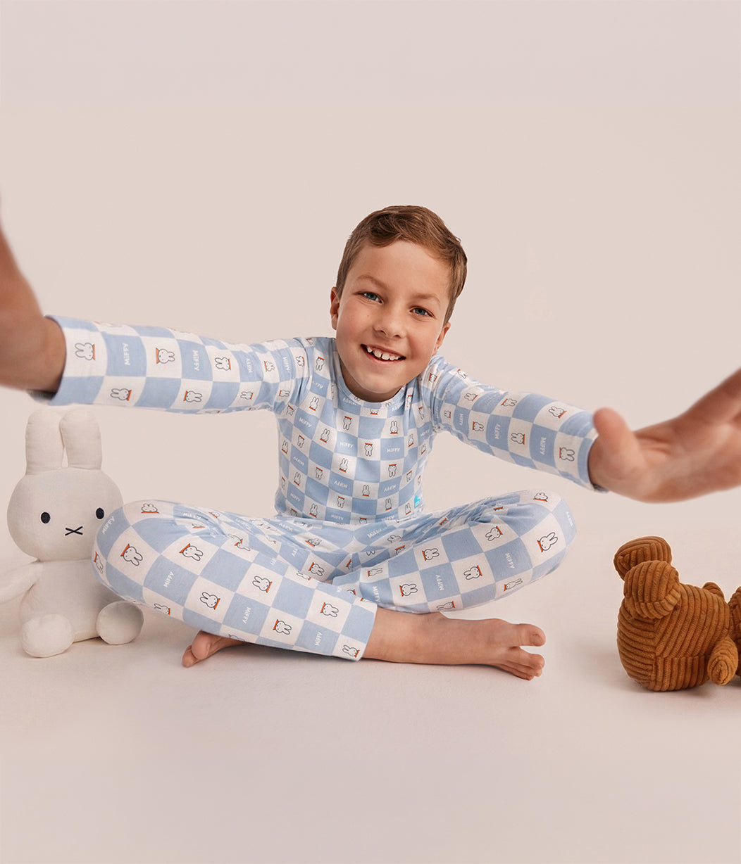 Kids Pajama Set Long Sleeve Snug Fit Viscose from Bamboo Blue Miffy Checker