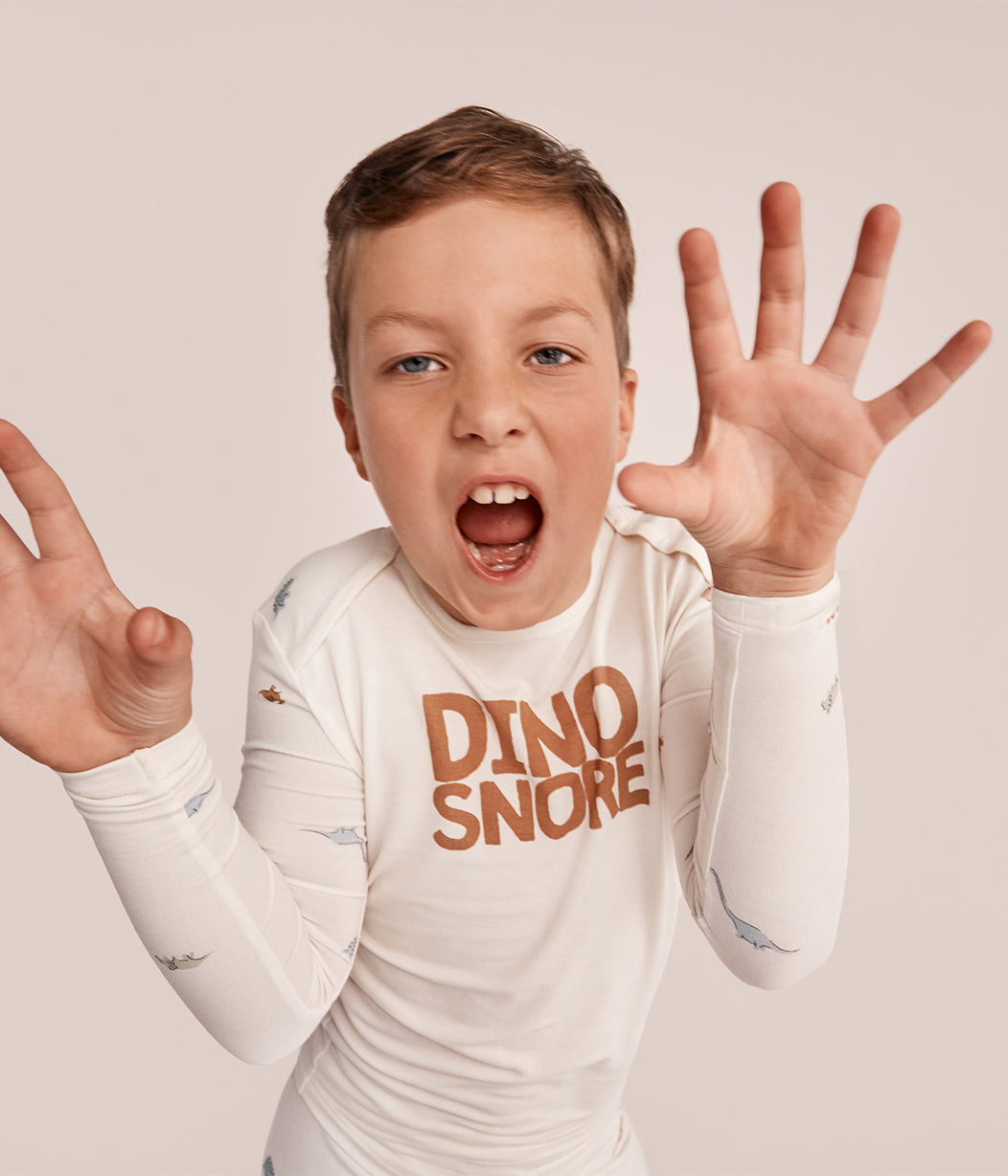 Kids Pajama Set Long Sleeve Snug Fit Viscose from Bamboo Cream Dino Snore