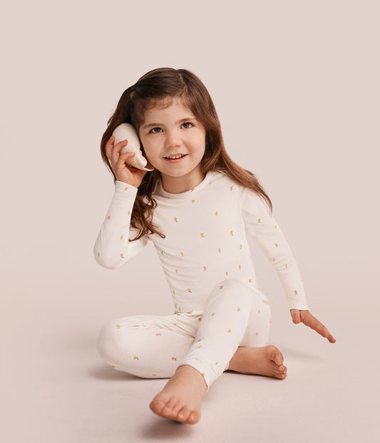 Kids Pajama Set Long Sleeve Snug Fit Viscose from Bamboo Cream Lemons