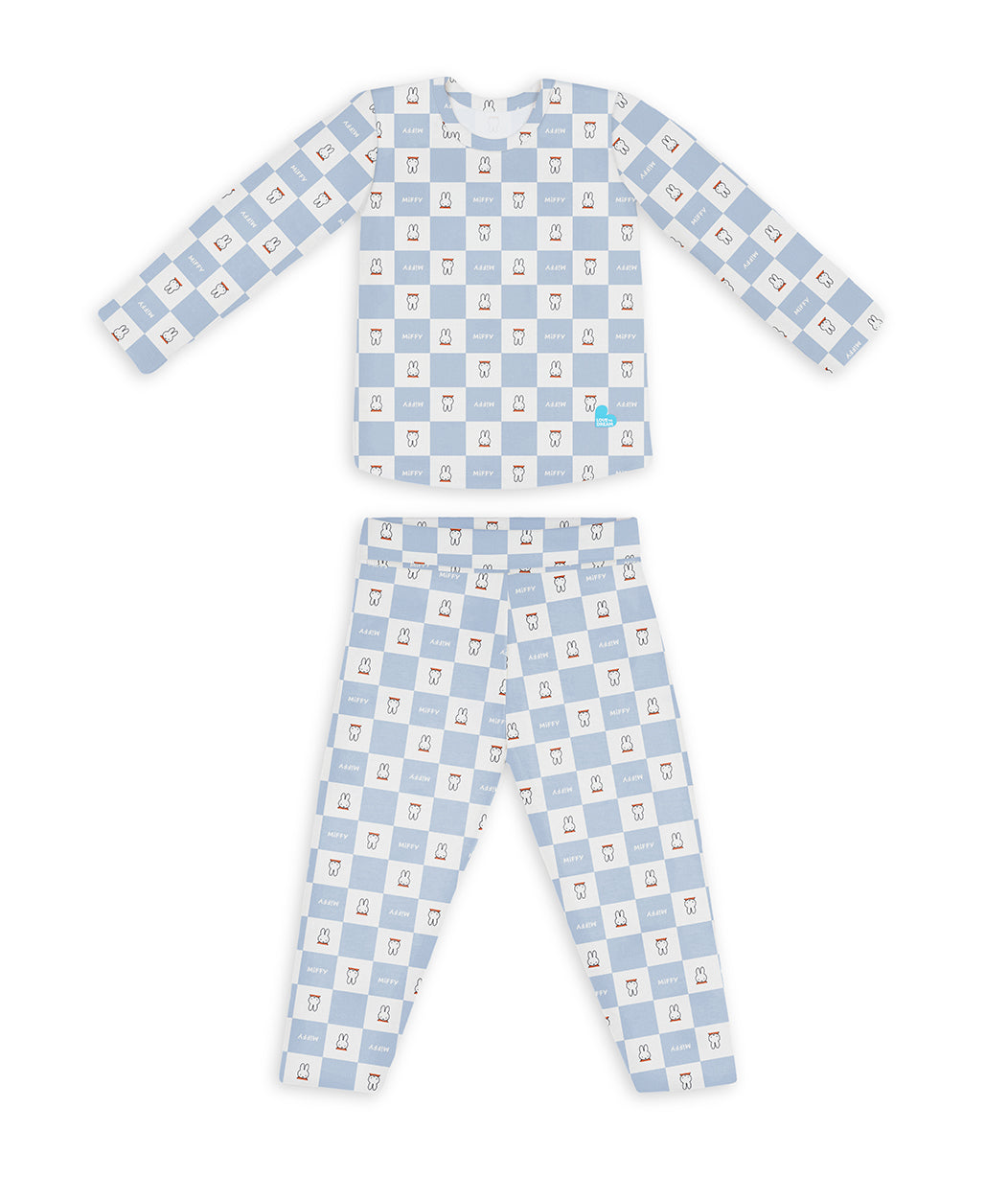 Kids Pajama Set Long Sleeve Snug Fit Viscose from Bamboo Blue Miffy Checker