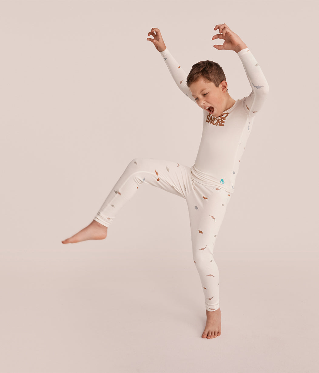 Kids Pajama Set Long Sleeve Snug Fit Viscose from Bamboo Cream Dino Snore