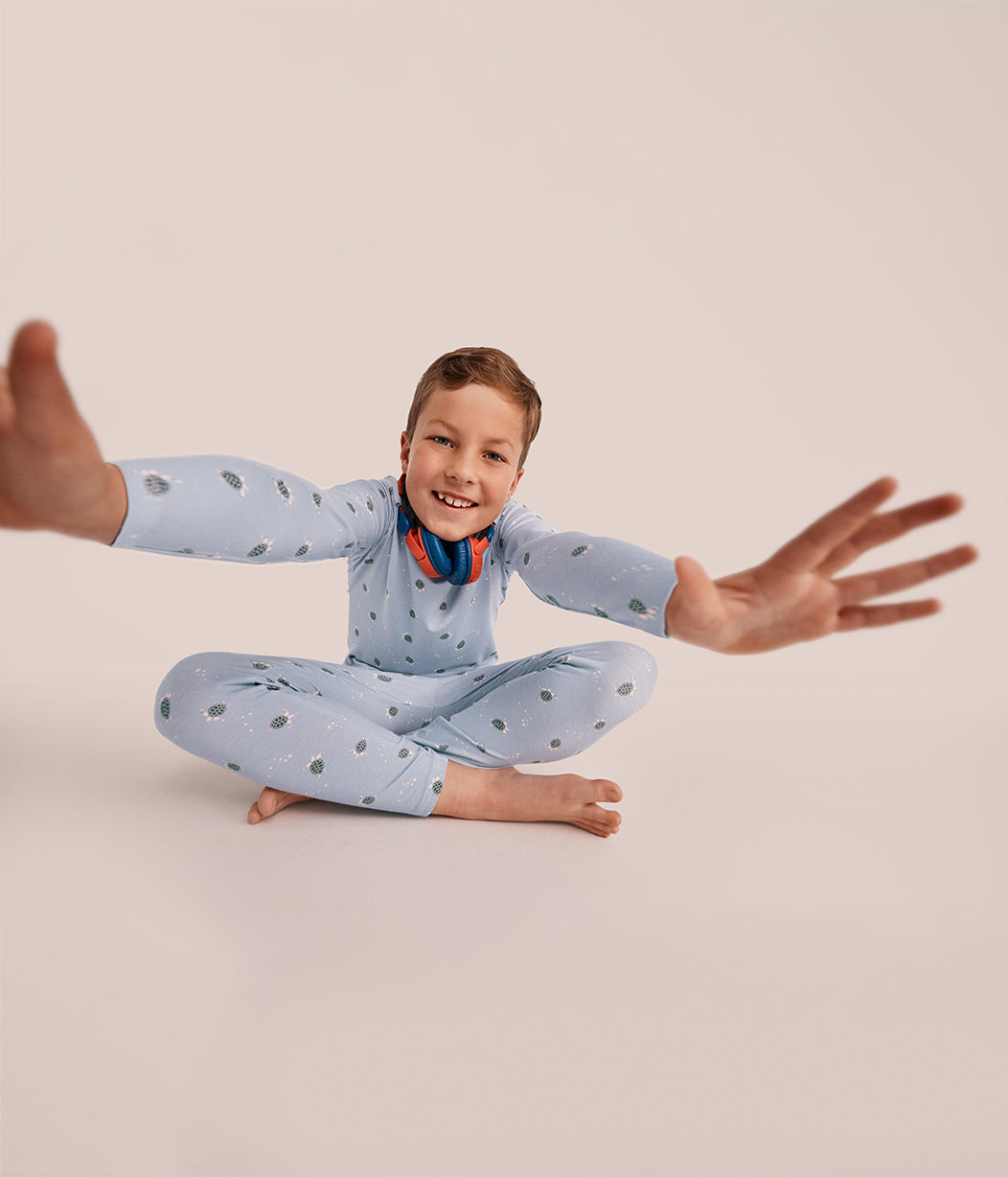 Kids Pajama Set Long Sleeve Snug Fit Viscose from Bamboo Mist Blue Turtally