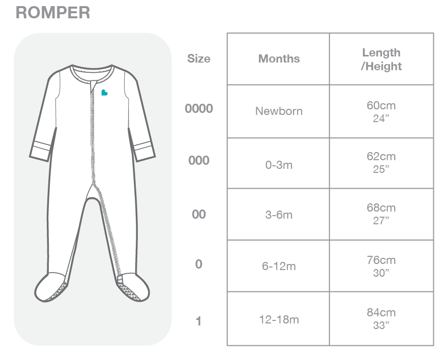 Love To Dream™ Enclosed Foot Romper-Size Chart